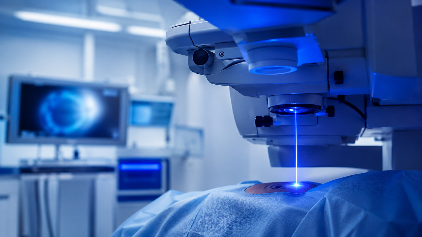 Dispositif de chirurgie laser de la cornee en salle operatoire, illustration d'une application medicale des lasers femtosecondes