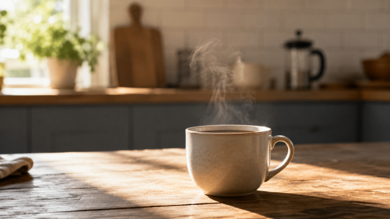 Une tasse de café posee sur une table de cuisine dans la lumiere du matin