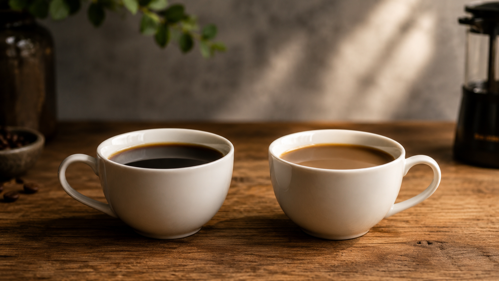Deux tasses de cafe cote a cote sur un comptoir en bois