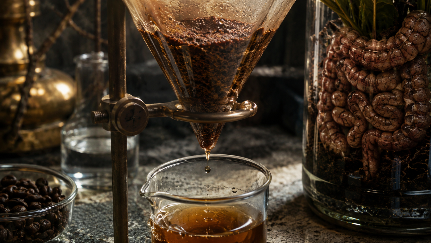 Gros plan macro de mouture de cafe et d eau
