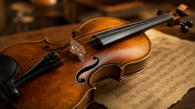 Violon ancien de style Stradivarius posé sur une partition