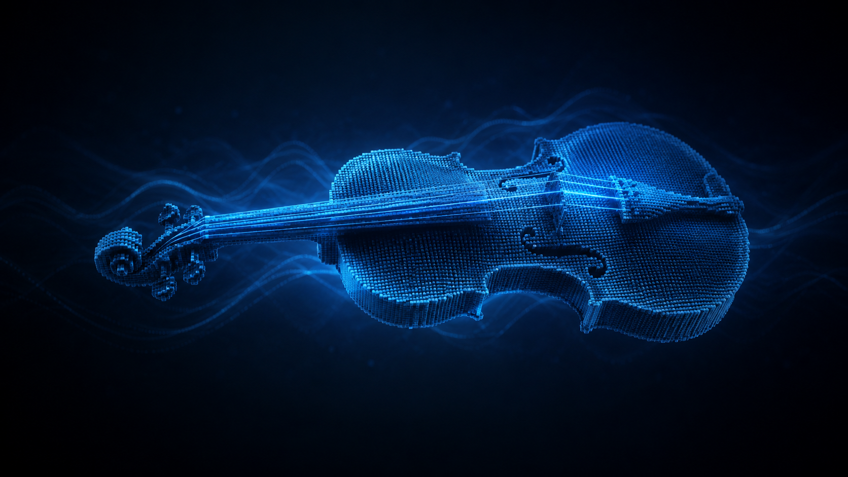 Modèle 3D d'un violon représenté en maillage de petits cubes sur fond sombre