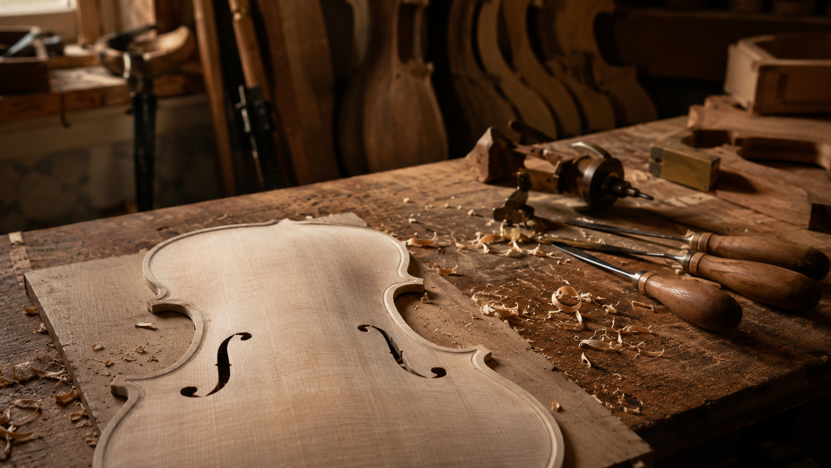 Établi de luthier avec outils, copeaux et caisse de violon en cours de fabrication