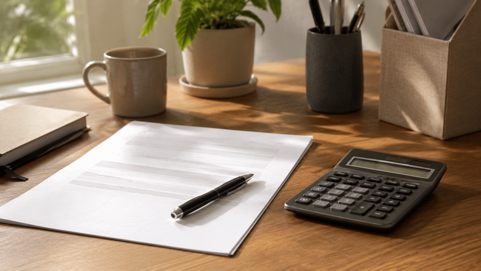 Un coin de bureau à la maison avec un document fiscal, une calculatrice et un stylo