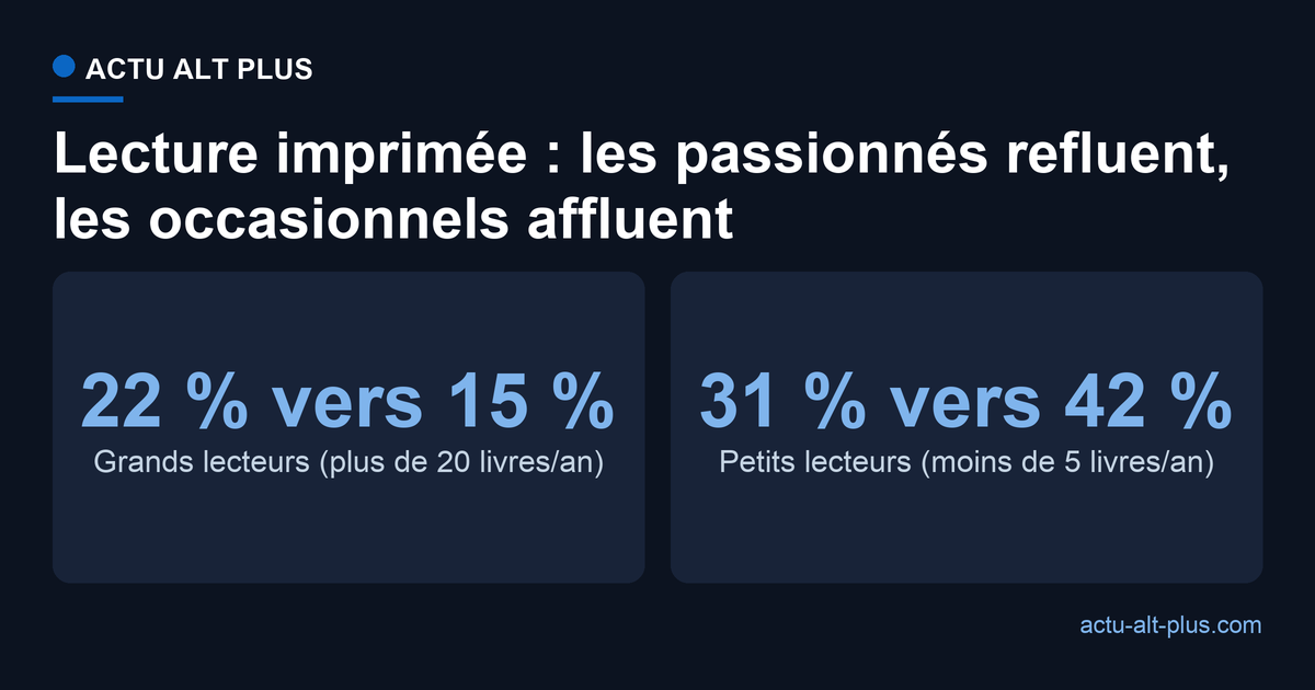 Entre 2023 et 2025, les grands lecteurs passent de 22 % à 15 % en imprimé tandis que les petits lecteurs montent de 31 % à 42 %