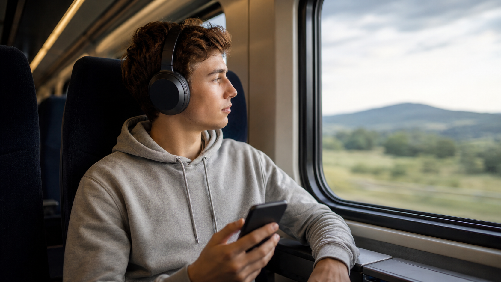 Un jeune passager dans un train écoute un livre audio au casque, smartphone à la main