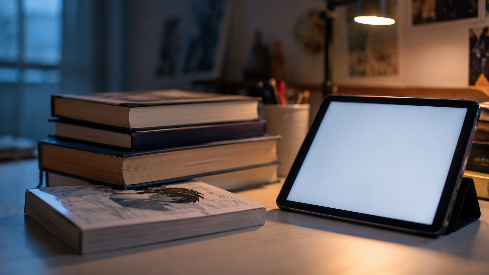 Pile de romans et un manga poses pres d'une tablette allumee sur un bureau
