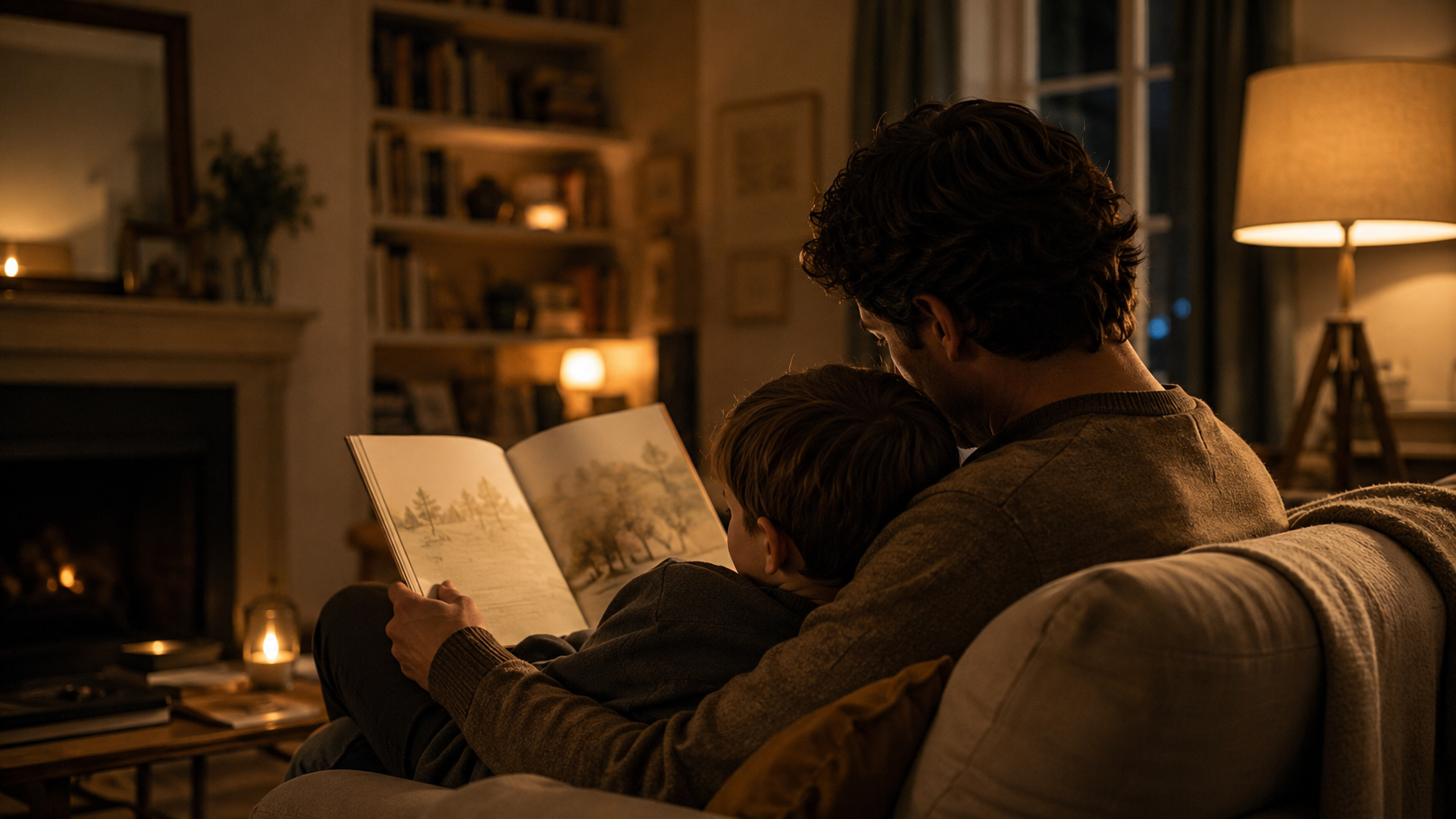 Un adulte lit un livre a un enfant sur un canape, lumiere de lampe douce