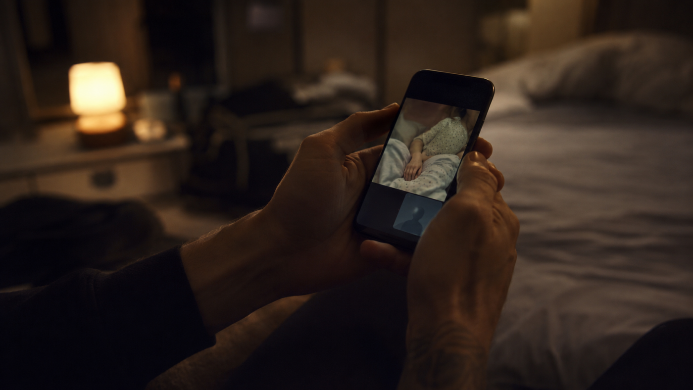 Les mains d'un footballeur tenant un smartphone dont l'écran d'appel vidéo est allumé, dans une pièce sombre