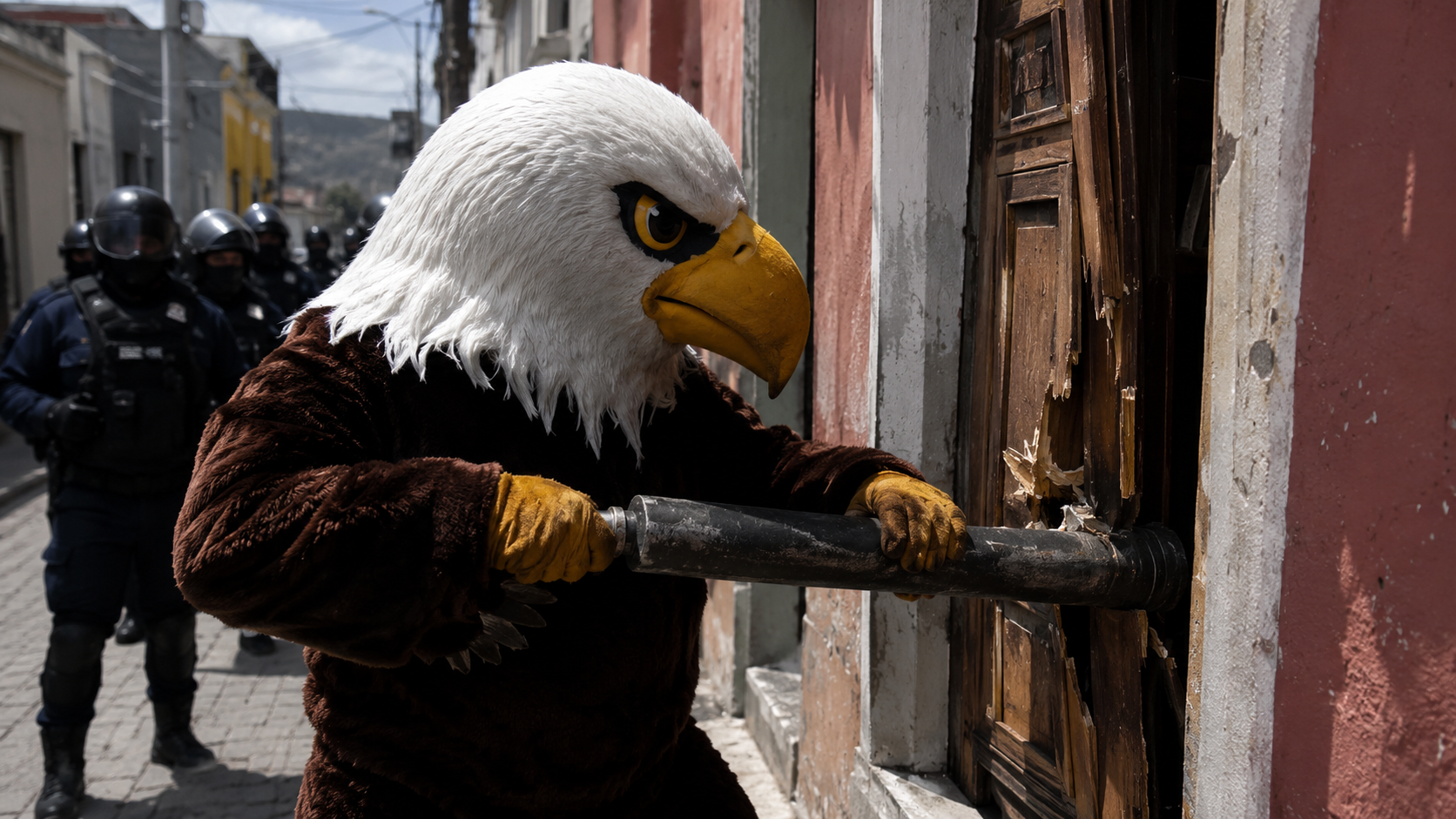 Une mascotte aigle géante tenant une masse en métal devant une porte enfoncée