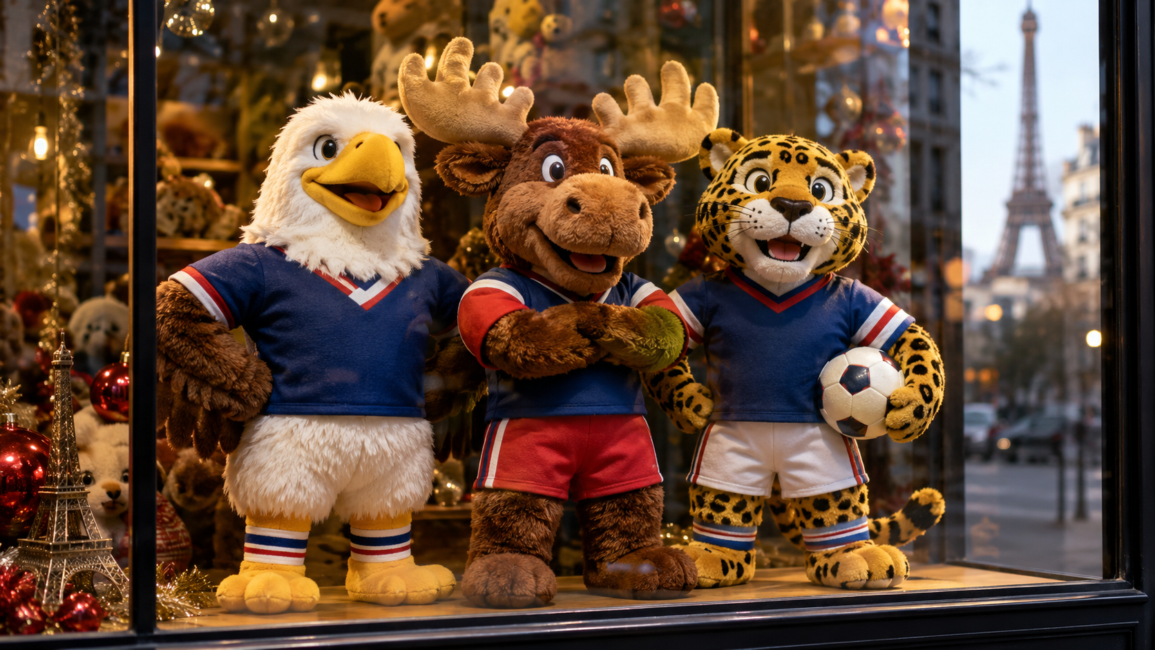Trois figurines en peluche de mascottes sportives, un aigle, un orignal et un jaguar, en vitrine