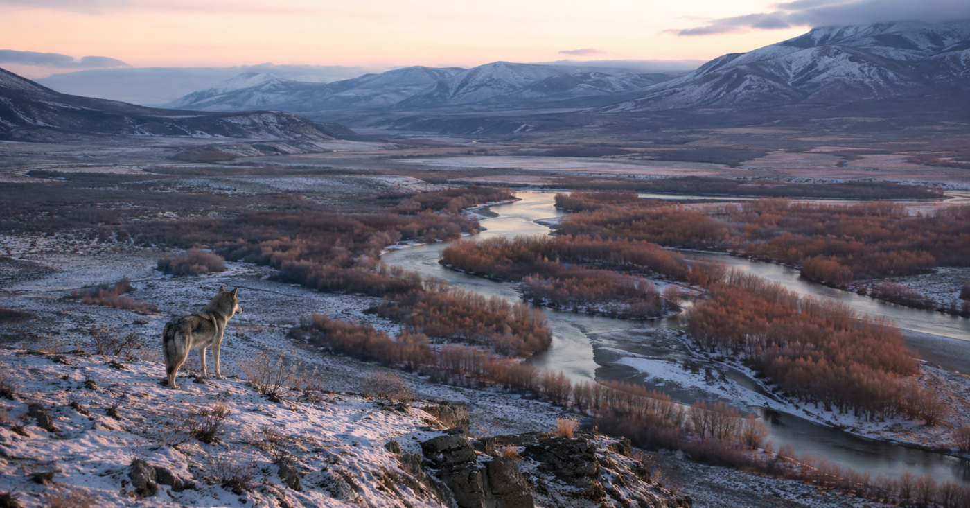 Un loup gris seul sur une crête enneigée surplombant une vallée et une rivière de Yellowstone à l'aube