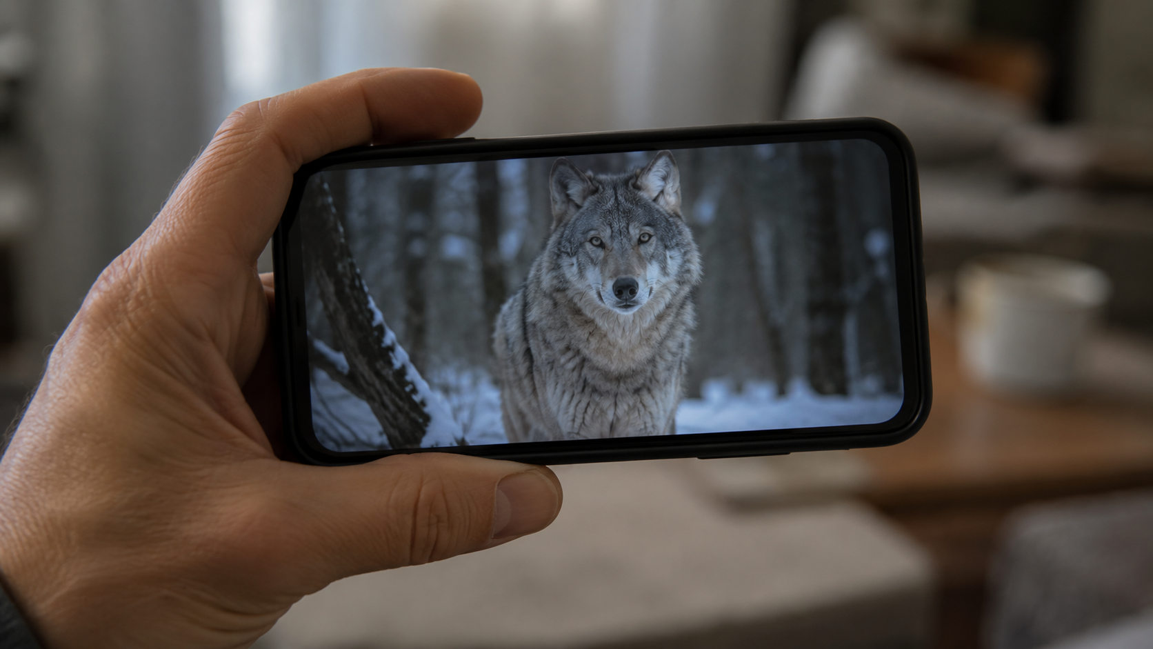 Une main tient un smartphone affichant un documentaire animalier en pause sur un loup en forêt