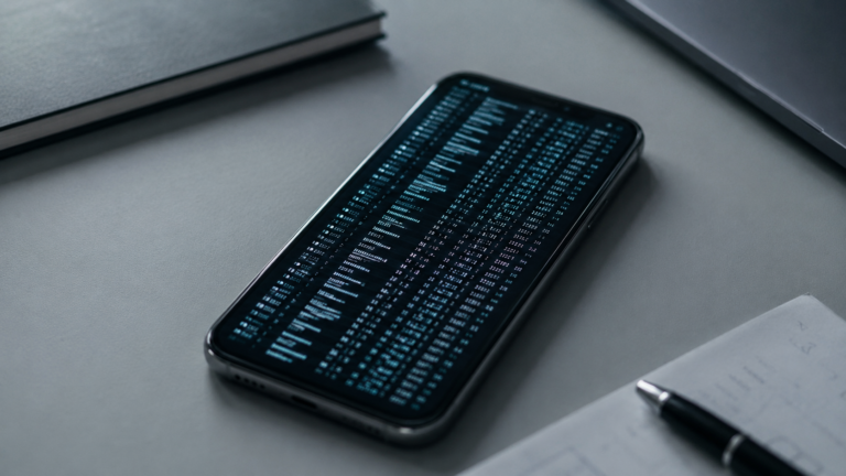 Un smartphone posé sur un bureau affichant une liste de données techniques brutes