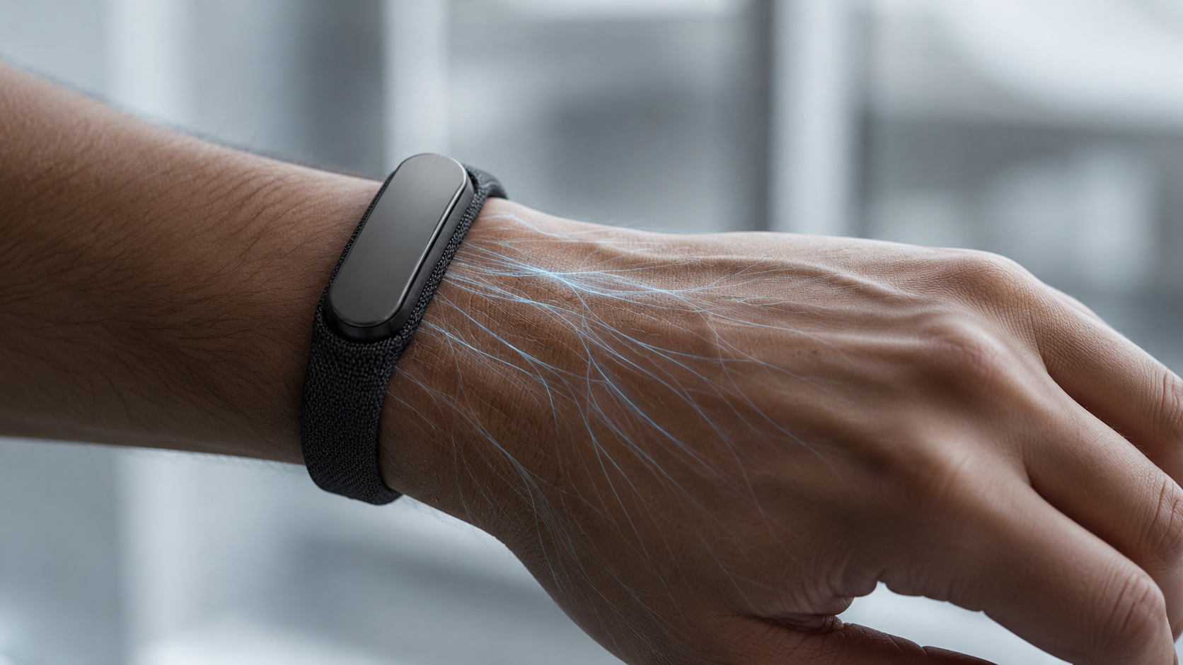 Gros plan d'un poignet avec un bracelet et des lignes lumineuses evoquant les signaux musculaires