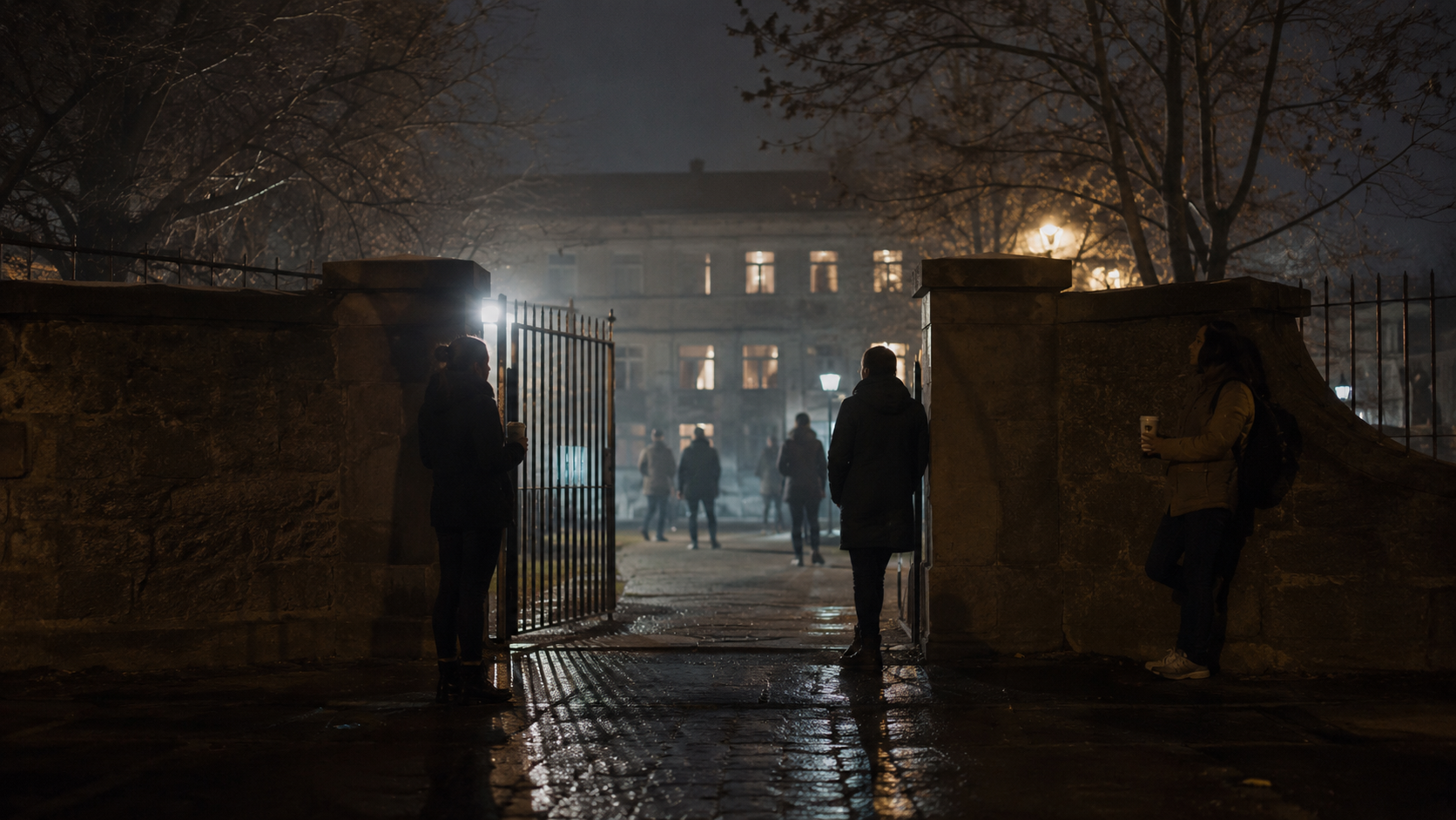 Entrée d'une école éclairée la nuit, grille entrouverte, adultes qui se relaient dehors