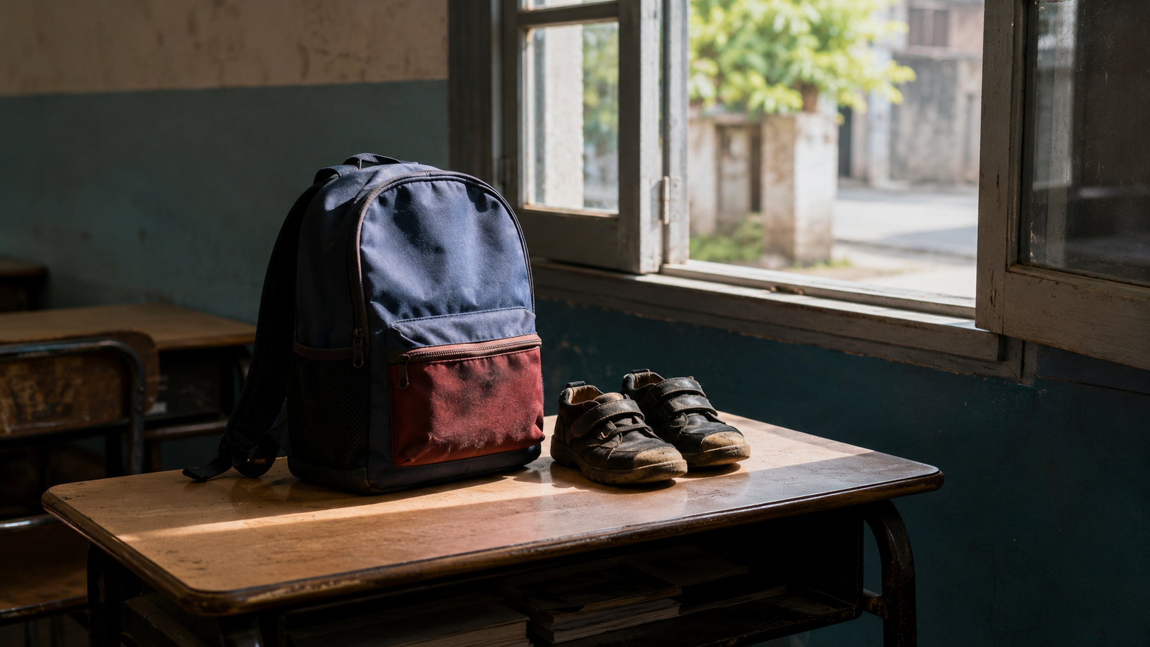 Cartable et petites chaussures posés sur un pupitre dans la lumière du matin