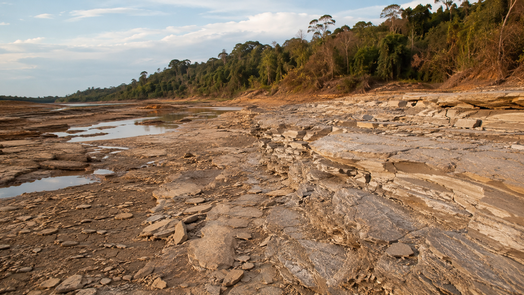 Lit de rivière asséché du Piauí brésilien avec couches de roches sédimentaires du Permien affleurantes