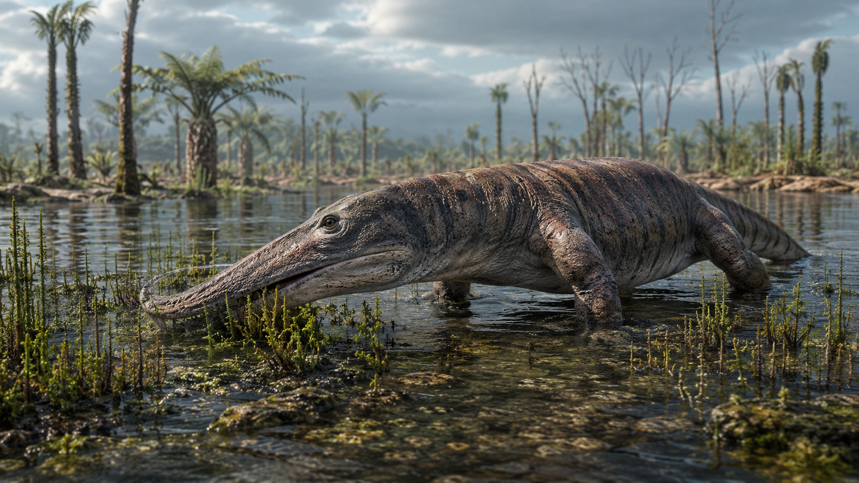 Reconstitution artistique de Tanyka amnicola, tétrapode-souche herbivore du Permien, dans son milieu aquatique brésilien