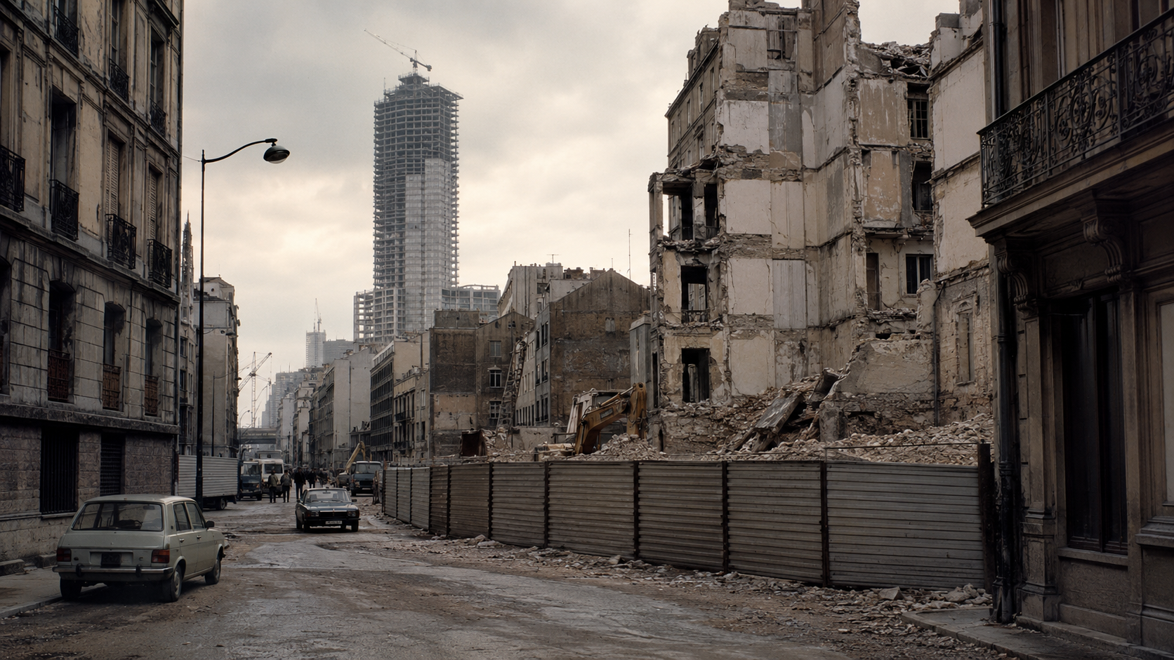 Rue parisienne du debut des annees 1970 en cours de demolition avec une tour en construction au fond