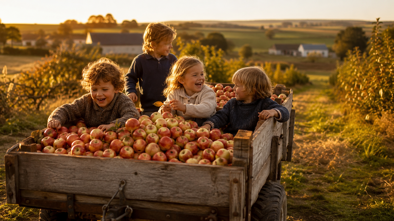 Enfants dans une charrette en bois remplie de pommes traversant un champ breton lors de la recolte