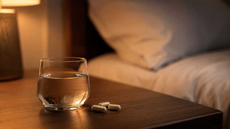 Verre d'eau et gelules neutres sur une table de chevet eclairee par une lampe le soir
