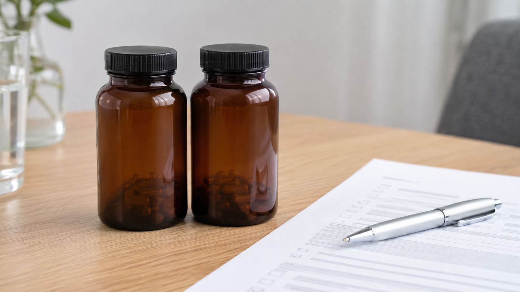 Deux flacons identiques sans etiquette et un questionnaire sur un bureau, evoquant un essai en double aveugle