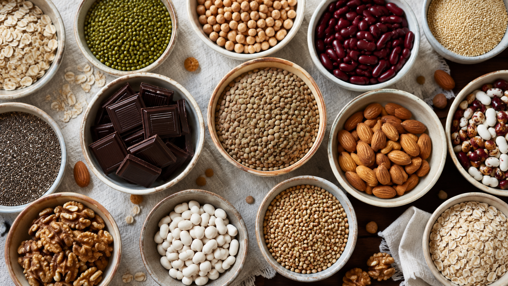 Vue de dessus de lentilles, chocolat noir, fruits a coque et cereales completes, aliments riches en magnesium