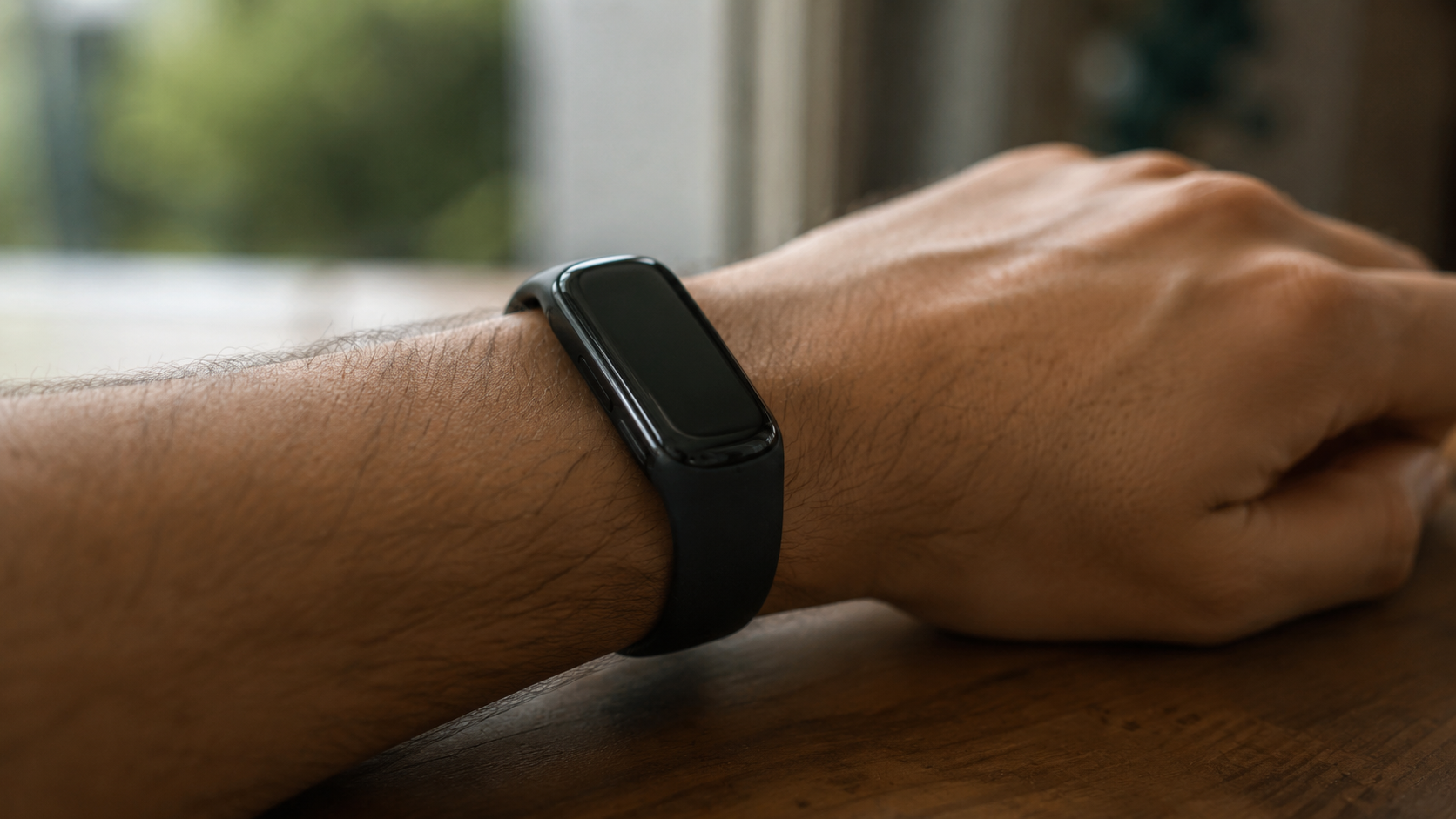 Bracelet connecté de suivi d'activité au poignet, posé au repos sur une table