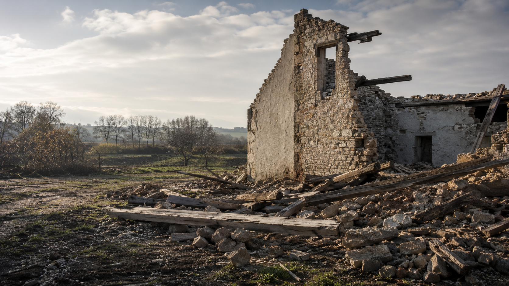 Le mur effondré d'une vieille ferme rurale, pierres et poutres tombées à terre