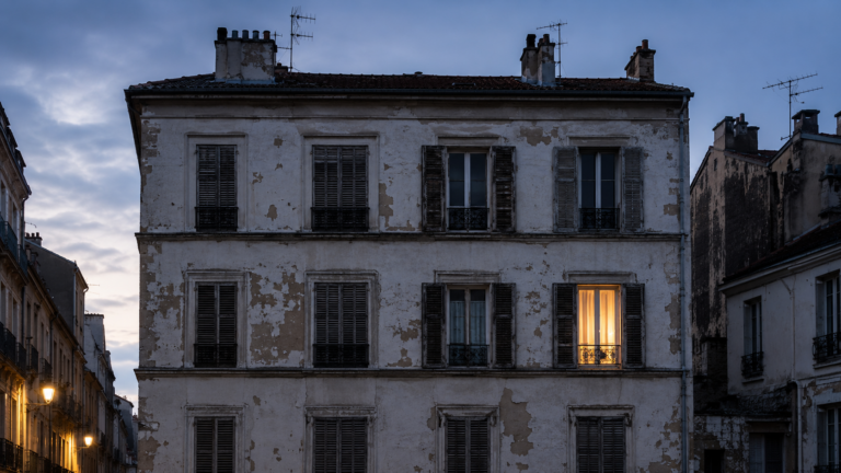 Façade d'immeuble ancien dégradé avec une fenêtre éclairée au crépuscule