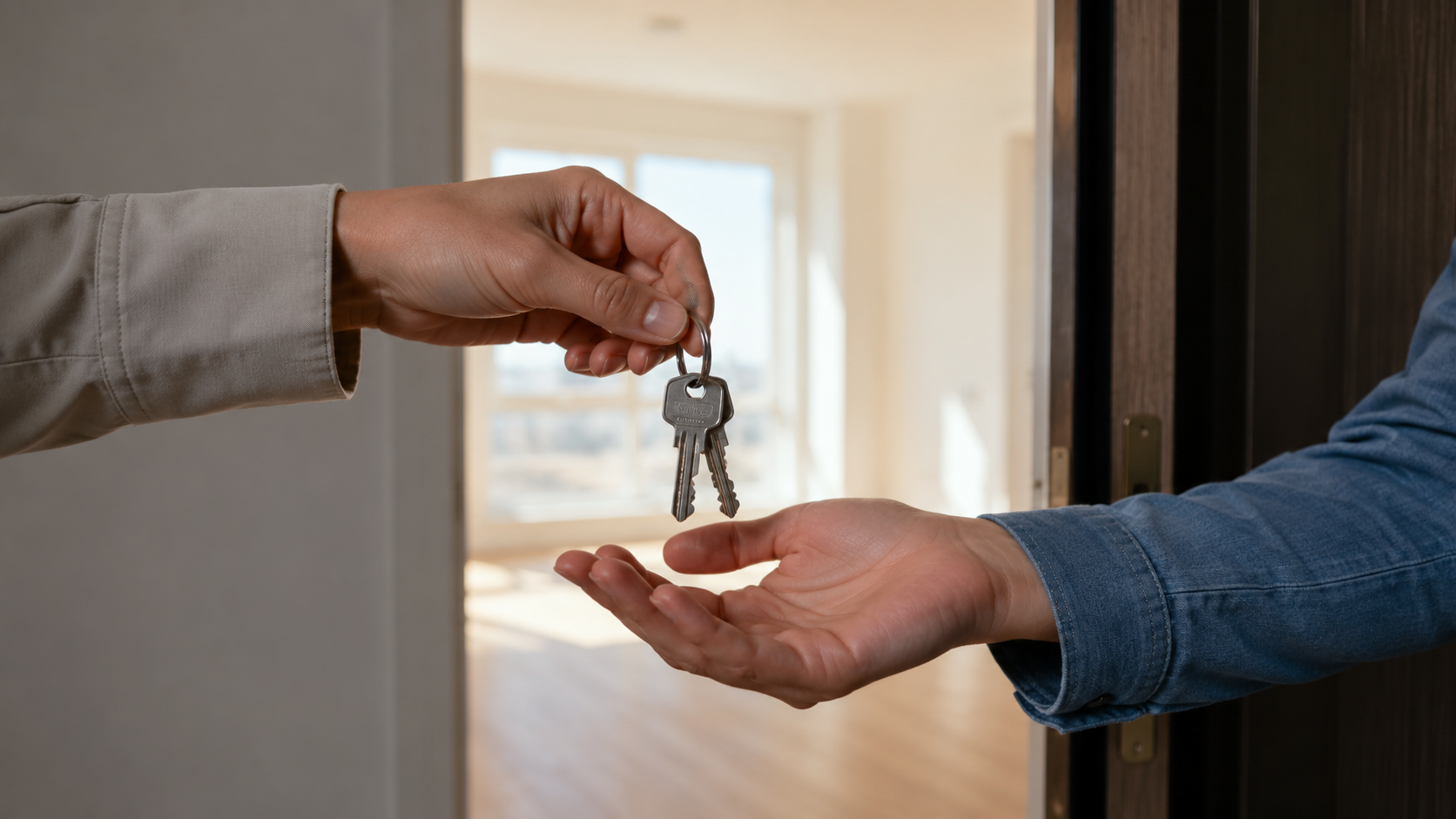 Une main tendant des clés vers une autre main au seuil d'un appartement clair