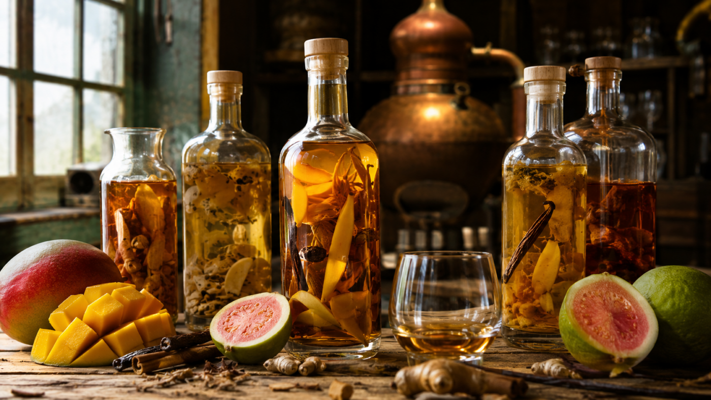 Bouteilles de rhum arrangé artisanal entourées de mangue et goyave fraîches sur une table d'atelier