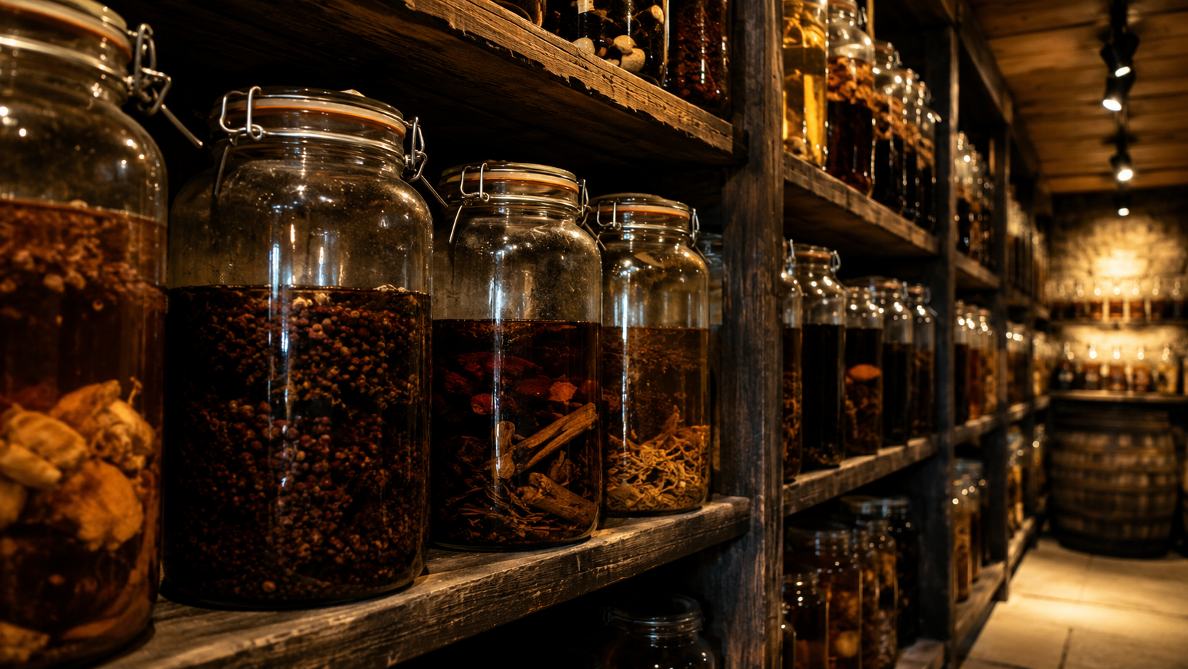 Bocaux de macération de rhum arrangé sur des étagères en bois dans un cellier artisanal