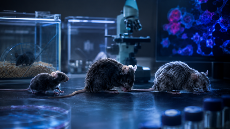 Paillasse de laboratoire évoquant le mélanome et les âges de souris étudiés