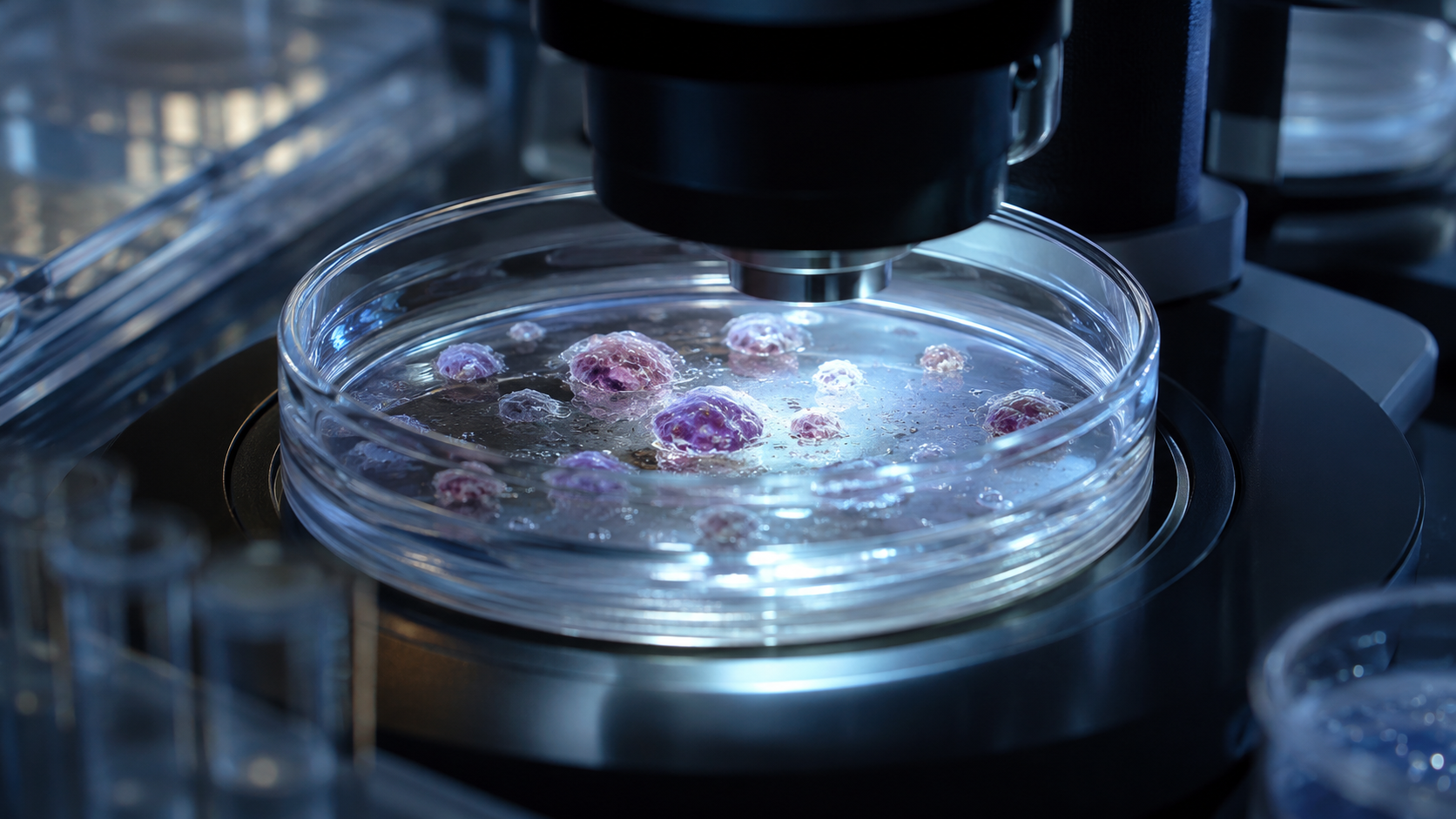 Boîte de Pétri sous microscope pour évoquer les cellules T gamma-delta