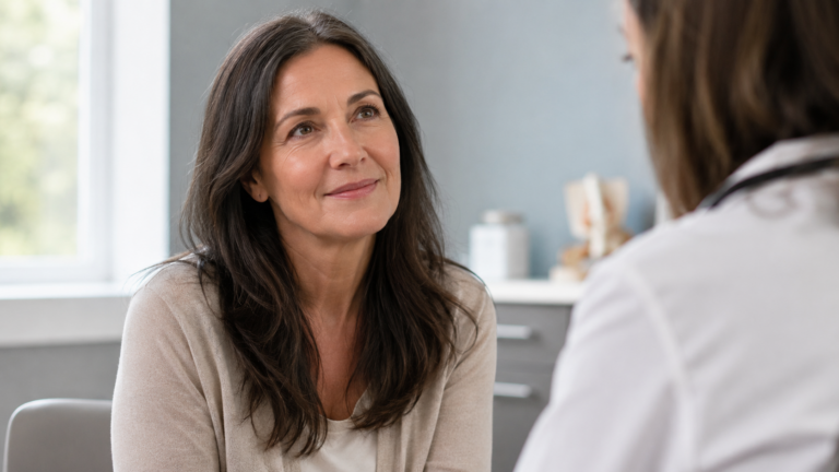 Une femme cinquantenaire échange avec un médecin dans un cabinet lumineux, expression apaisée.
