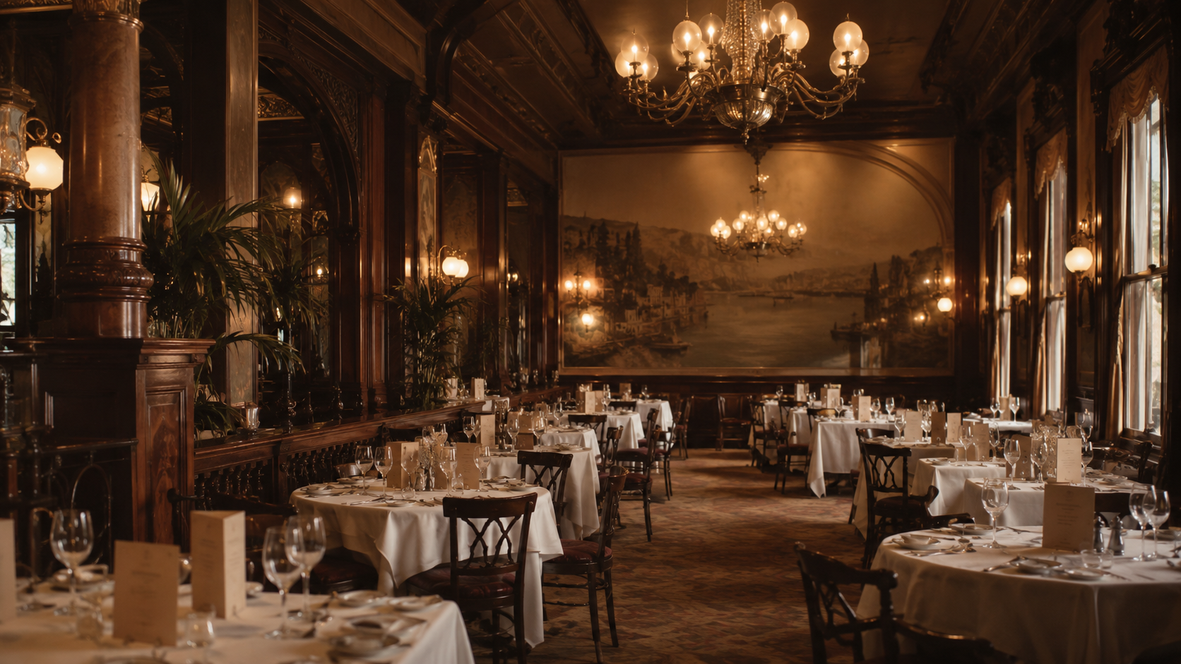 Salle à manger d'un restaurant américain du début du XXe siècle, tables dressées et cartes posées