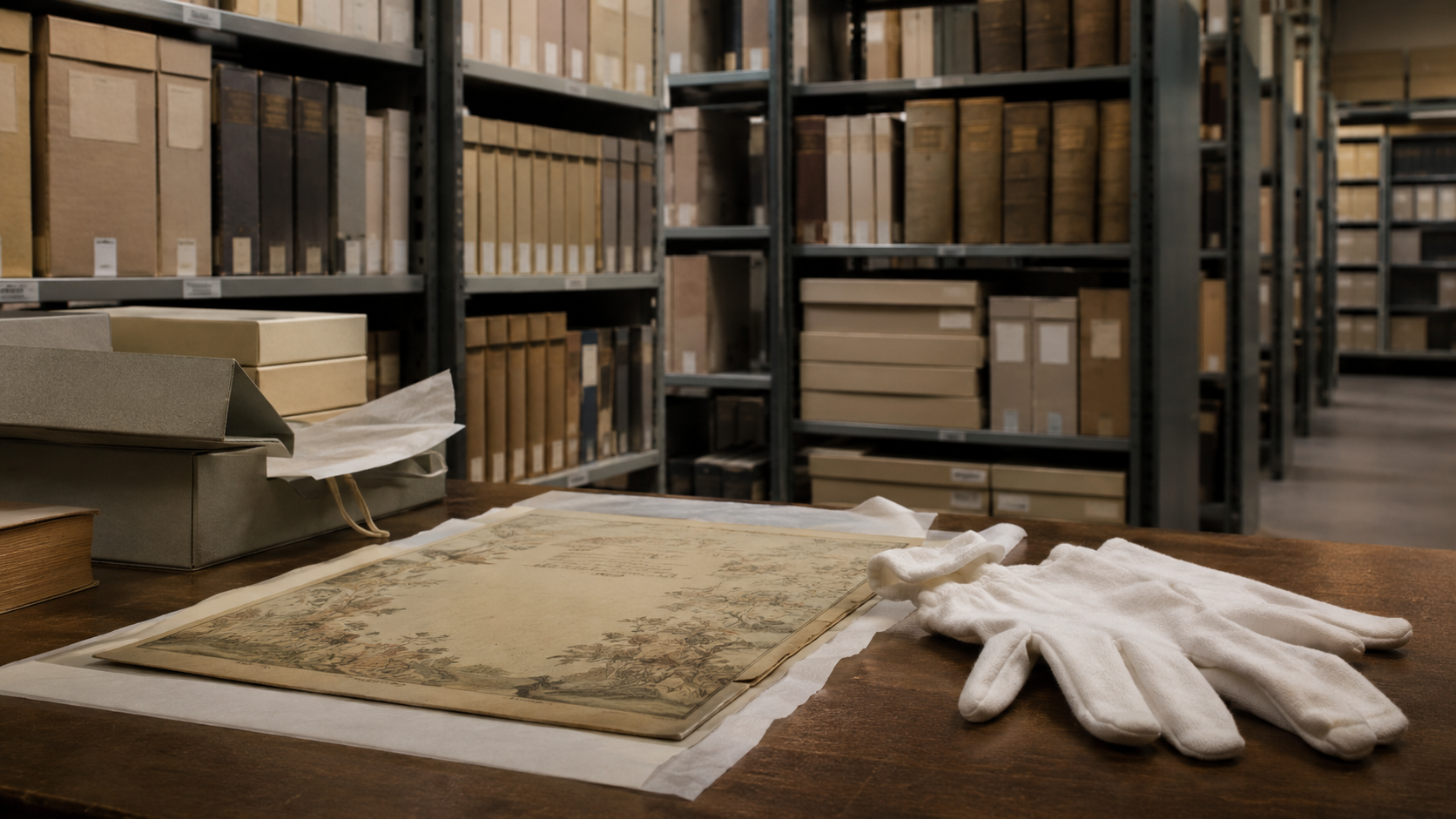 Rayonnages d'archives de bibliothèque avec une ancienne carte de menu posée sur une table