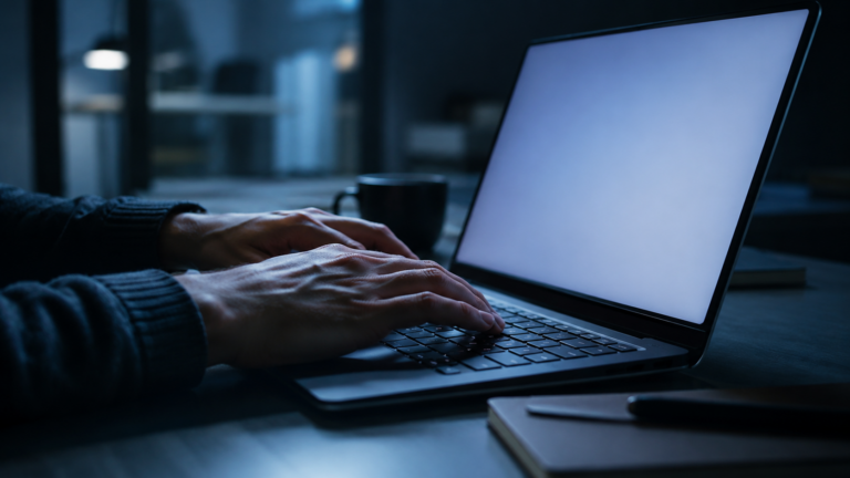 Mains anonymes d'un salarie tapant sur le clavier d'un ordinateur portable dans un bureau sombre