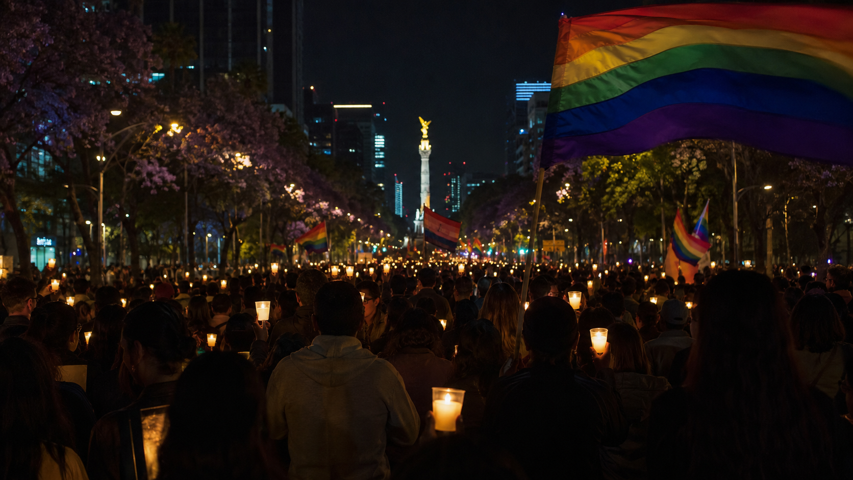 Manifestants portant des bougies et des drapeaux arc-en-ciel lors d'une marche nocturne à Mexico