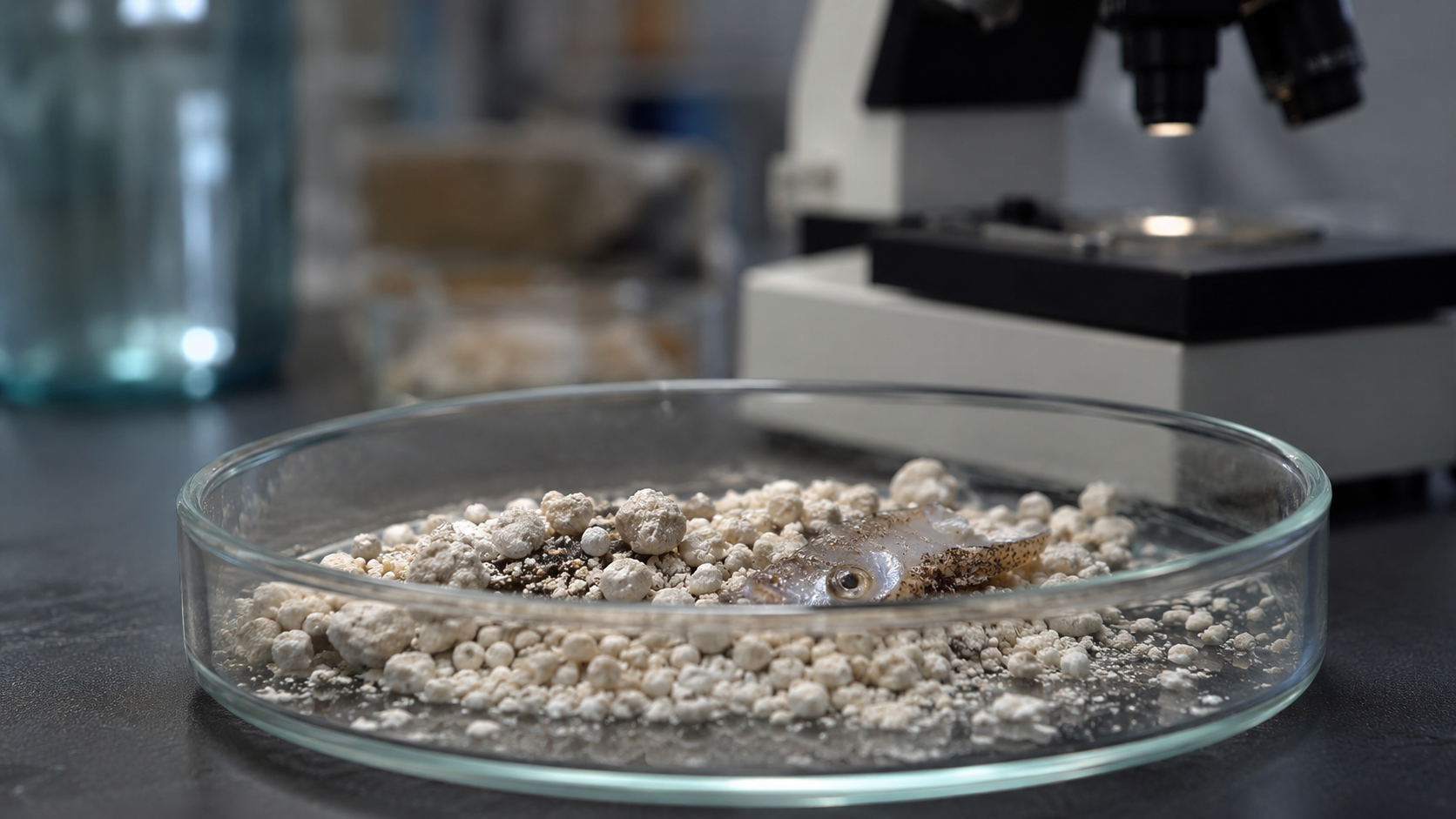 Un détail de laboratoire évoque les bactéries marines et les grains calcaires produits dans l’intestin du poisson.