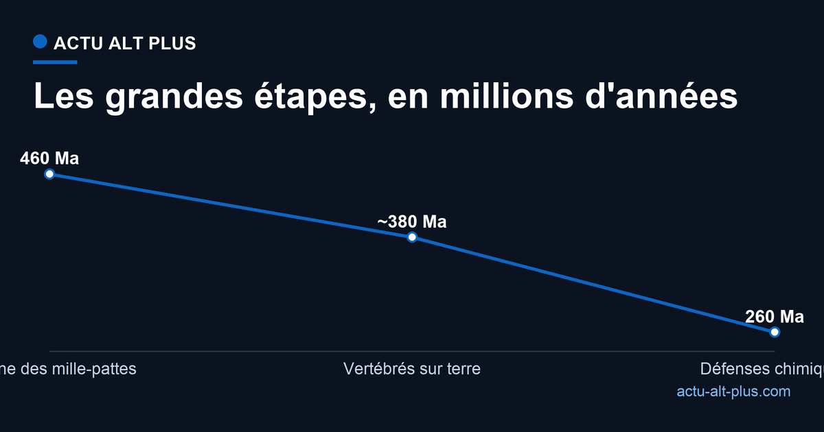 Frise : mille-pattes vers 460 Ma, vertébrés terrestres vers 380 Ma, défenses chimiques des mille-pattes vers 260 Ma