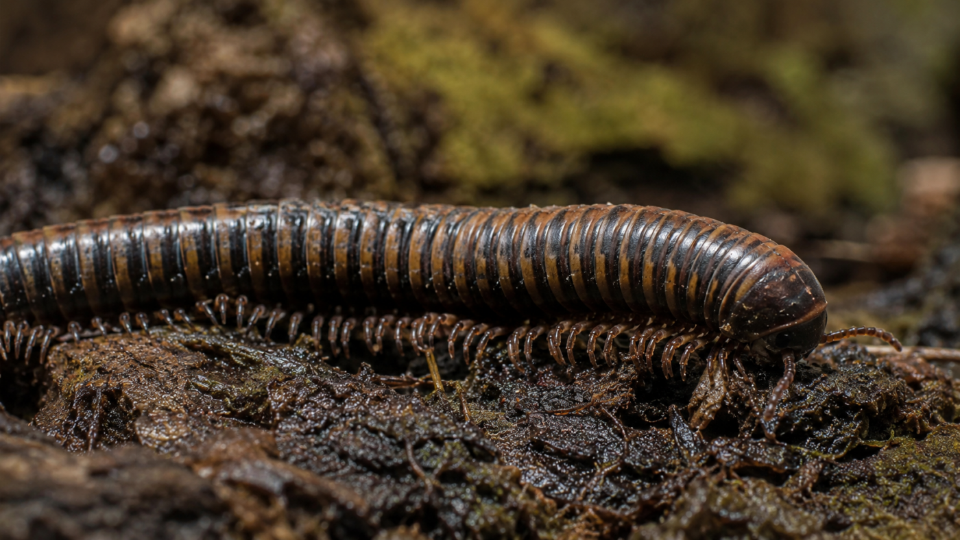 Un mille-pattes progresse sur un sol sombre et humide couvert de mousses en décomposition
