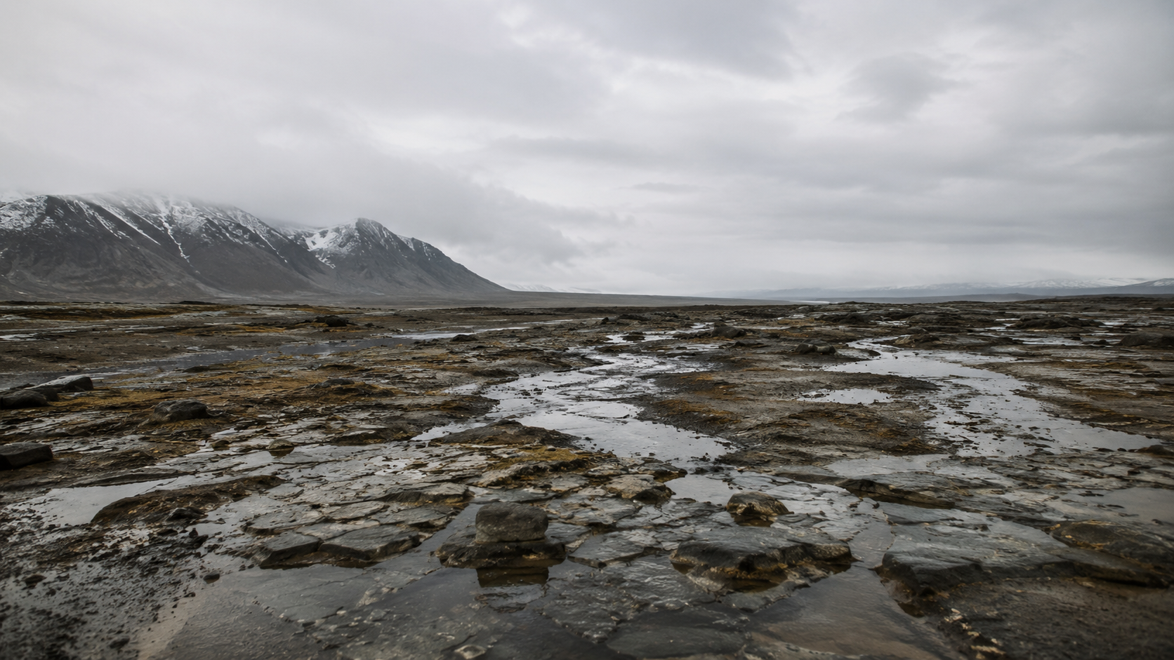 Paysage primordial nu, roche et mousses basses près d'une eau peu profonde, sans arbres