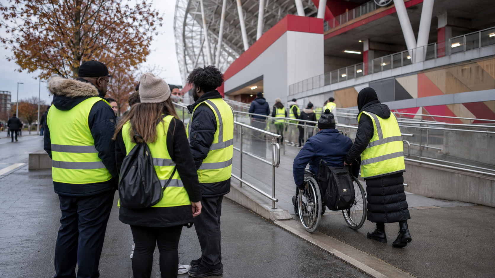 Groupe de benevoles pres d'une entree accessible de stade avec rampe