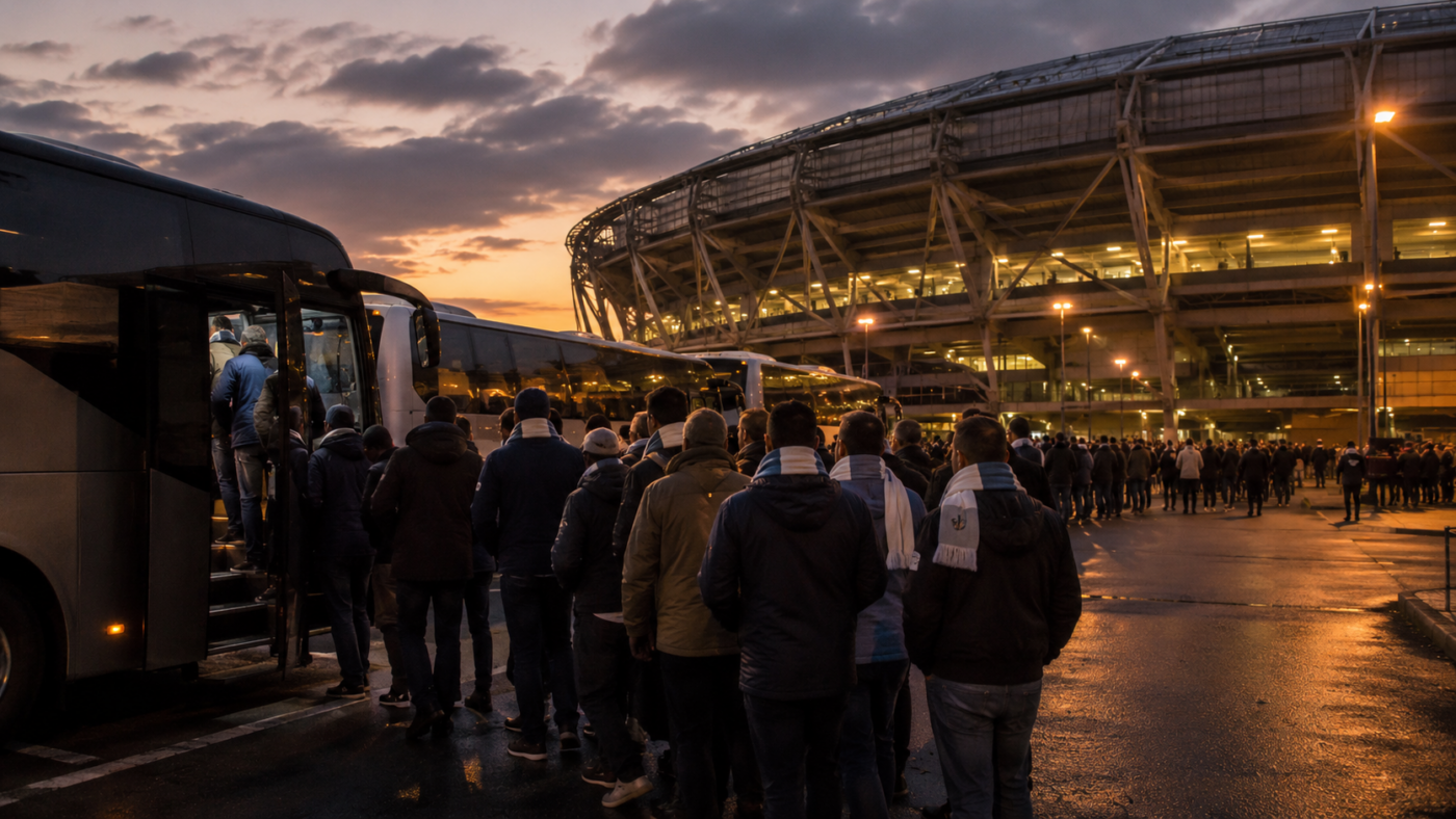 Des supporters de football montent dans des cars devant un grand stade moderne au crepuscule