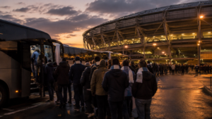 Des supporters de football montent dans des cars devant un grand stade moderne au crepuscule