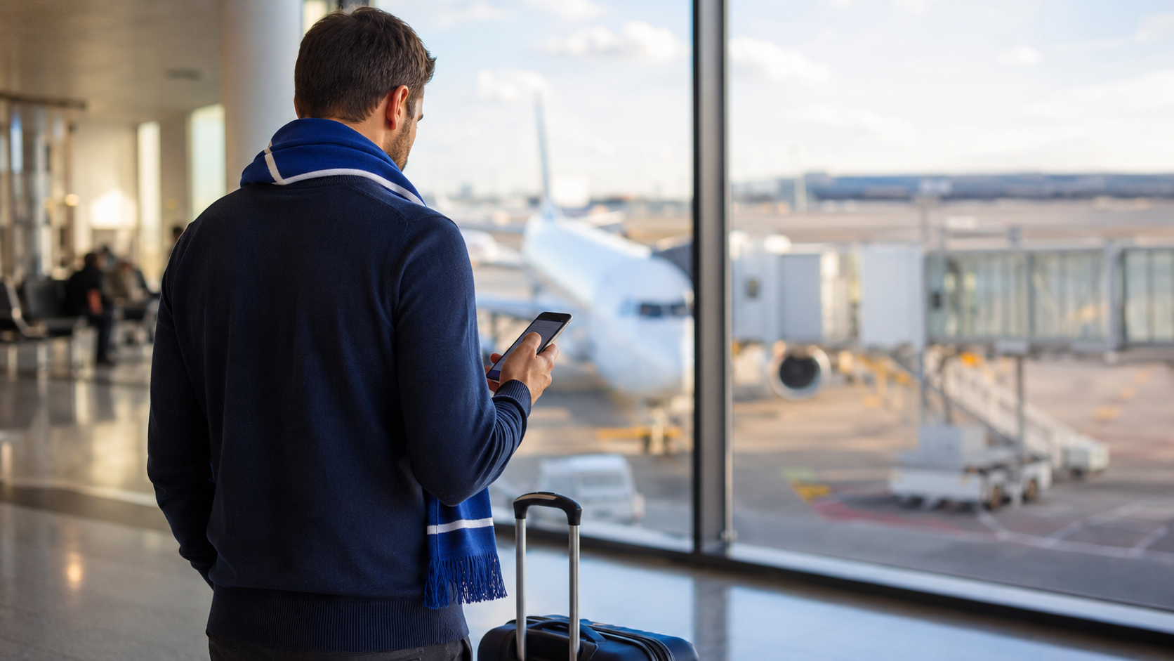 Un supporter en echarpe bleue consulte son telephone pres d'une porte d'embarquement, valise a cote