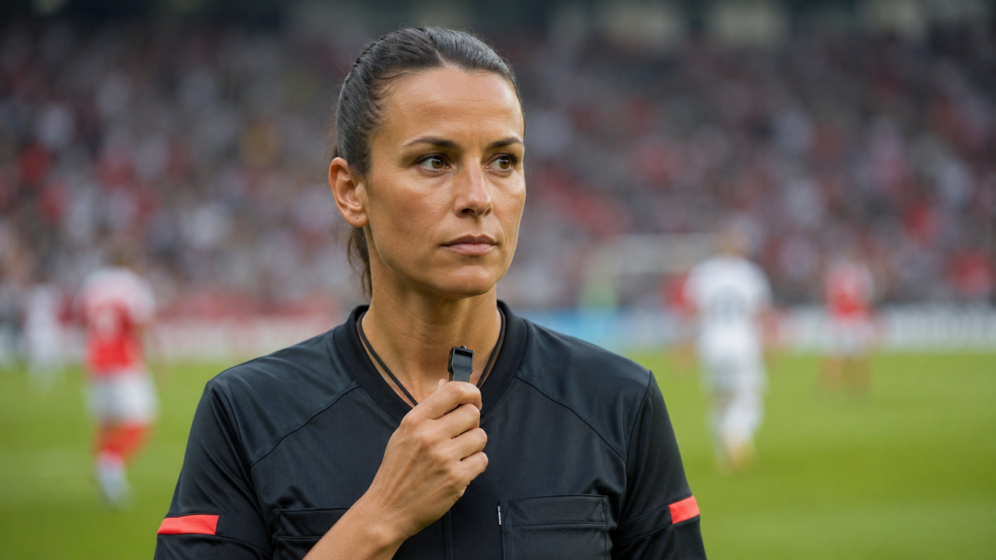 Arbitre de football tenant un sifflet au centre d'un grand stade